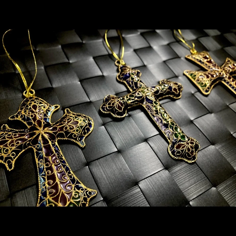 Vintage Plique a Jour CLOISONNE Enamel Stained Glass Floral Cross Ornaments